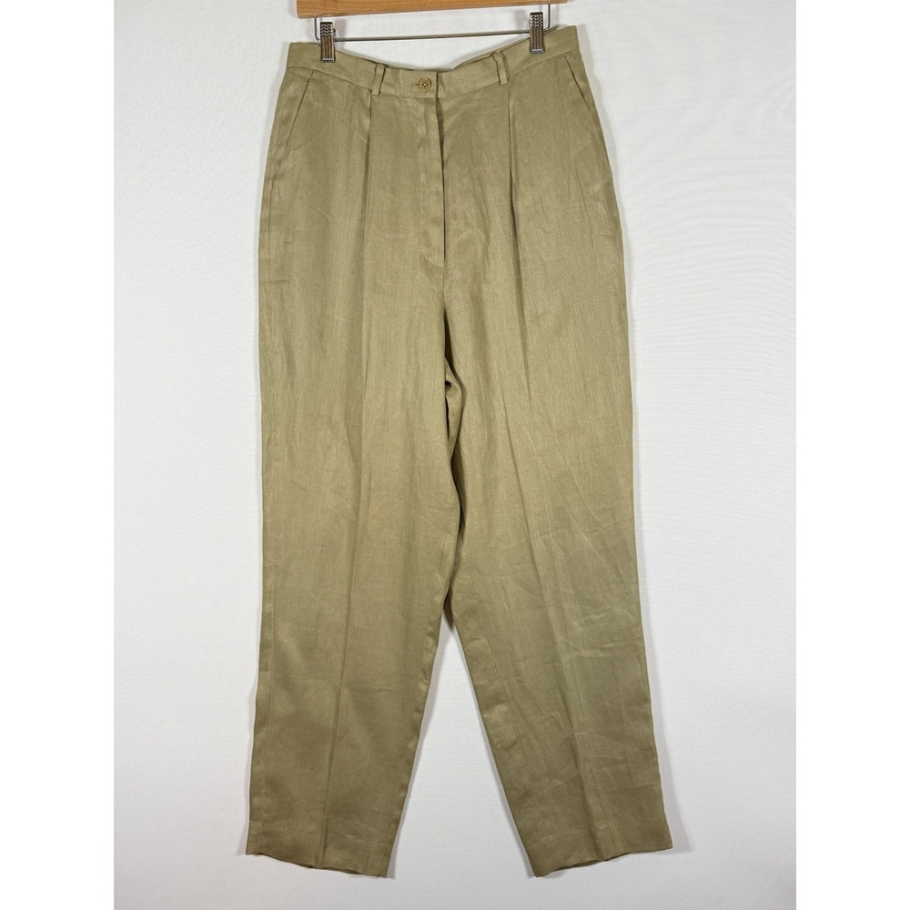 NEW AKA Eddie Bauer 14 Linen Pants Khaki Womens Coastal Quiet Luxury Twee FLAWED